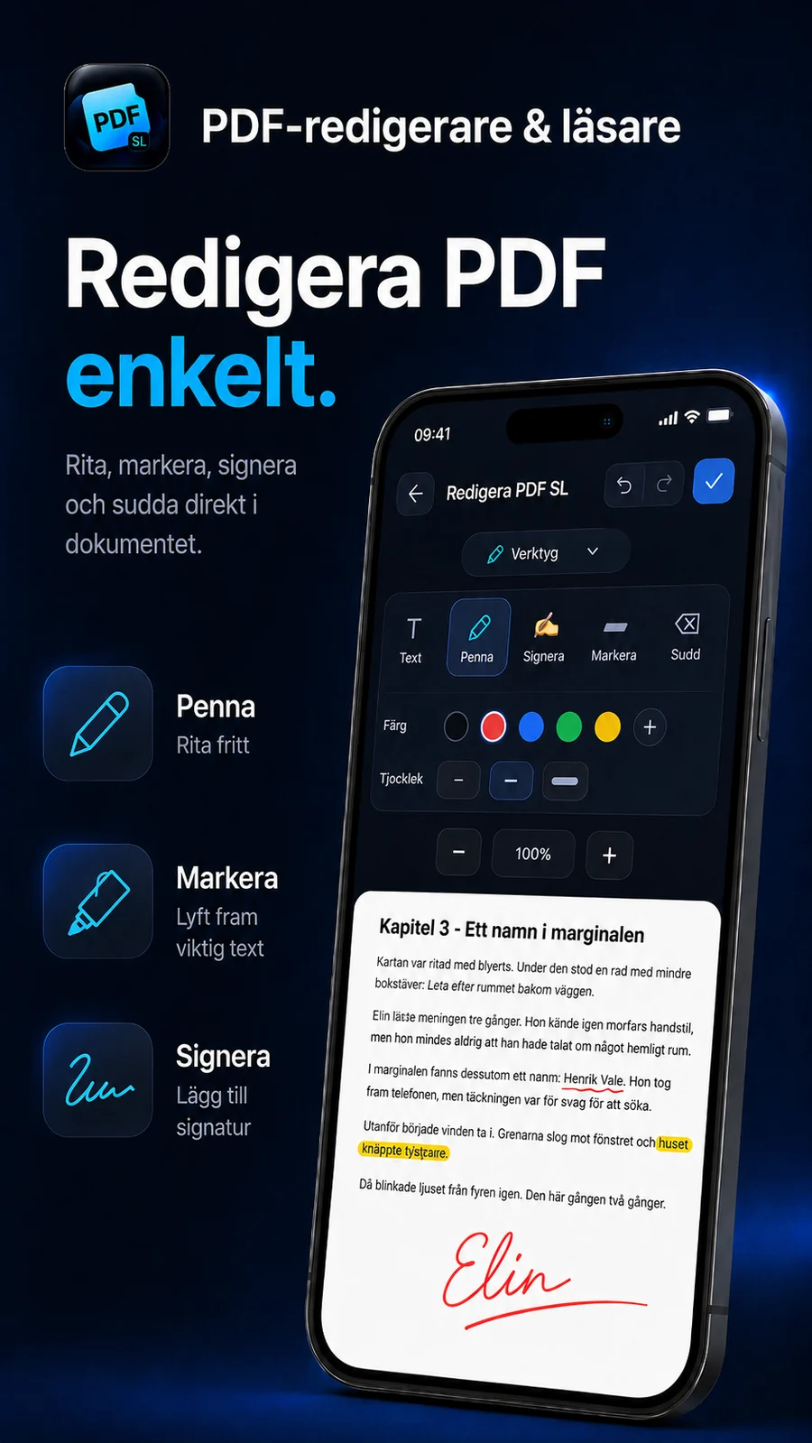 PDF-redigerare med penna, markering och signatur