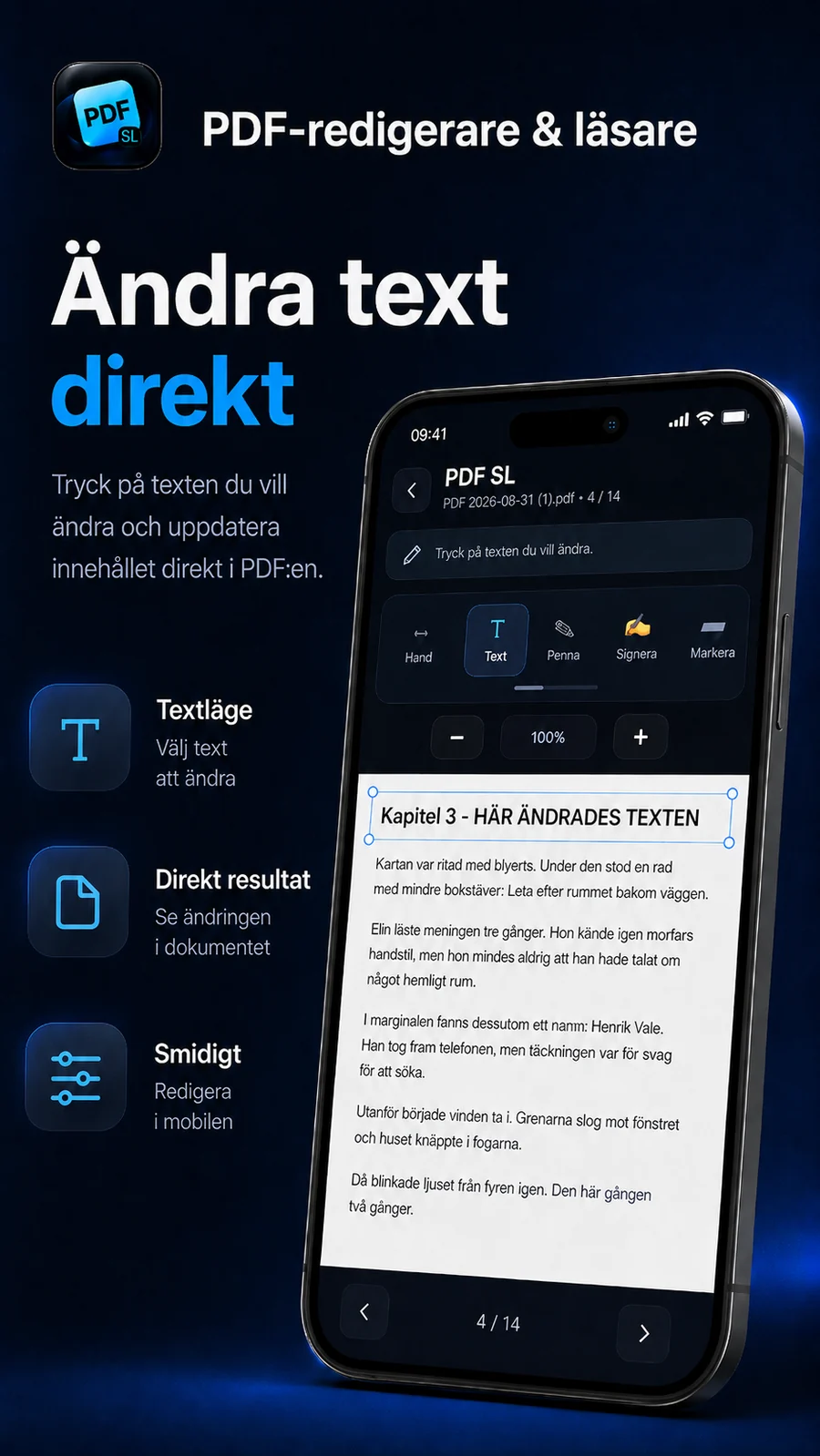 Textredigering direkt i en PDF
